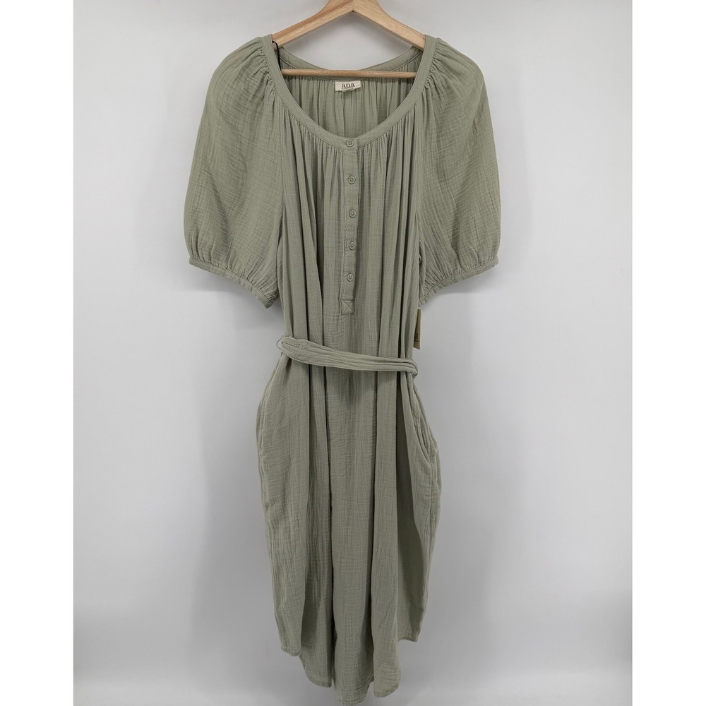 a.n.a Dress Womens Laege Sage Green Cotton Gauze Puff Sleeve Midi Boho Pockets